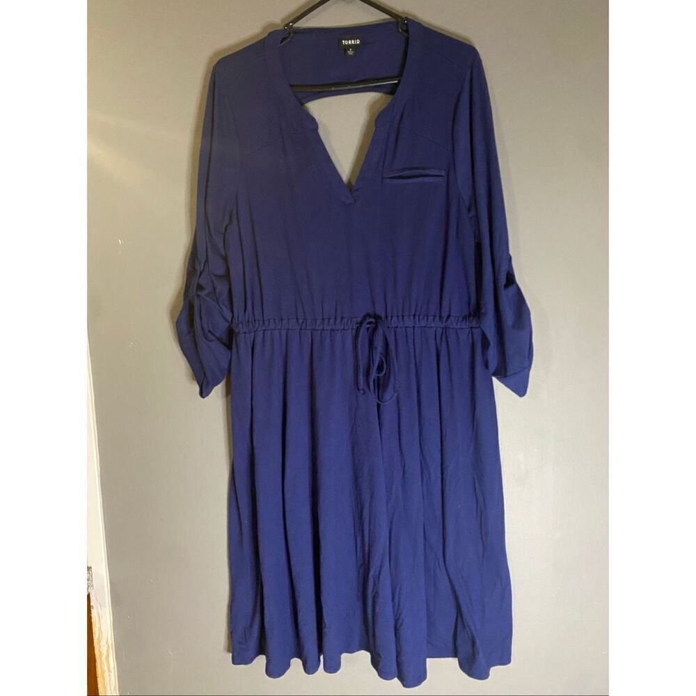Torrid Blue Knit Dress Elastic Waist Keyhole Back Roll Tab Sleeve 1X